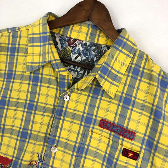 Bugle Boy Men's Size 3X** Yellow Blue Plaid Print Short Sleeve Button Up Shirt - Picture 2 of 9